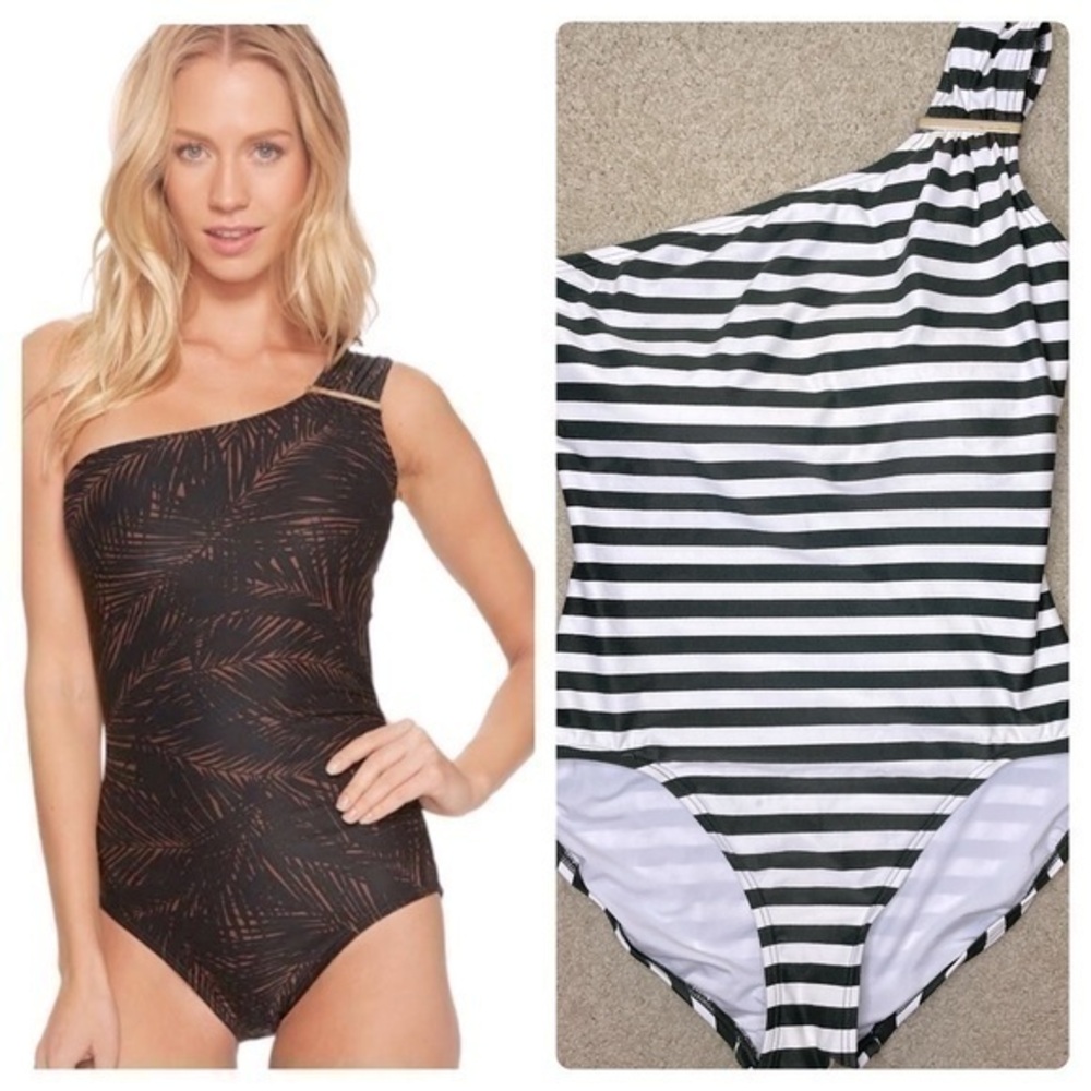 Michael Michael kors one shoulder swimsuit striped olive and white